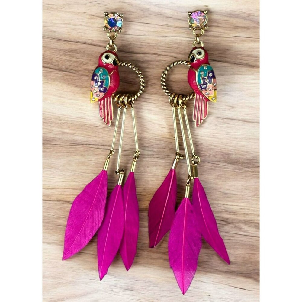 Parrot Statement Earrings Hot Pink Feathers Bird Gold-Tone Dangle Betsey Johnson